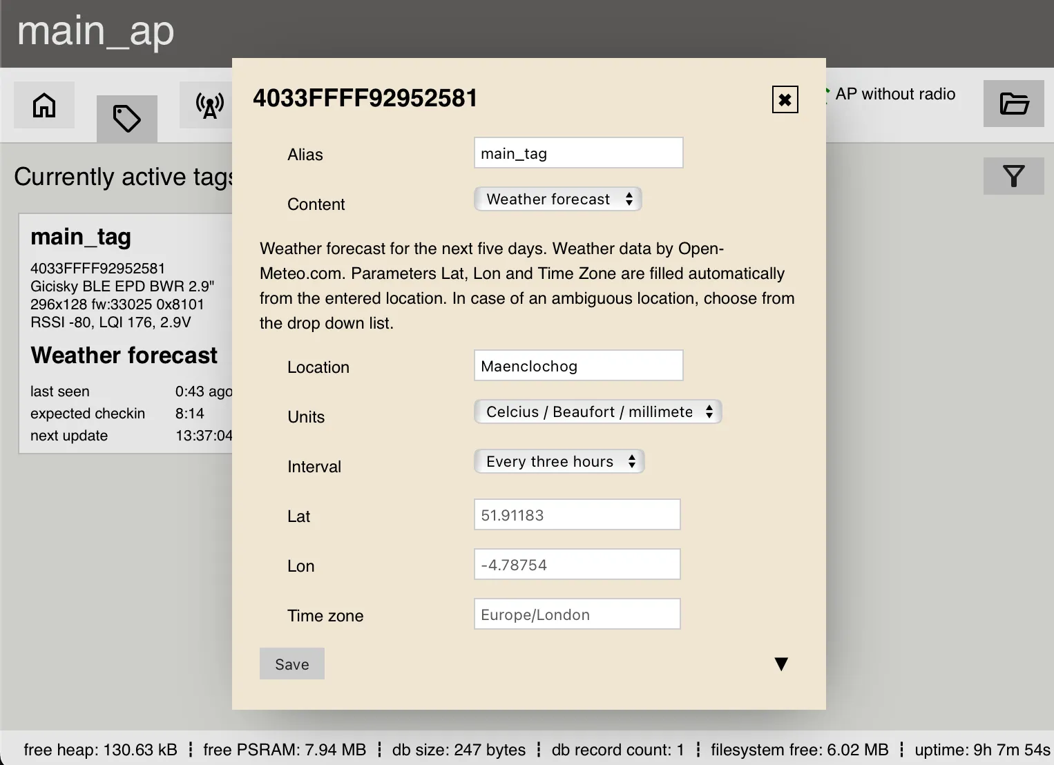 A screenshot of the Access Point firmware. A tag is being configured to show the weather forecast.