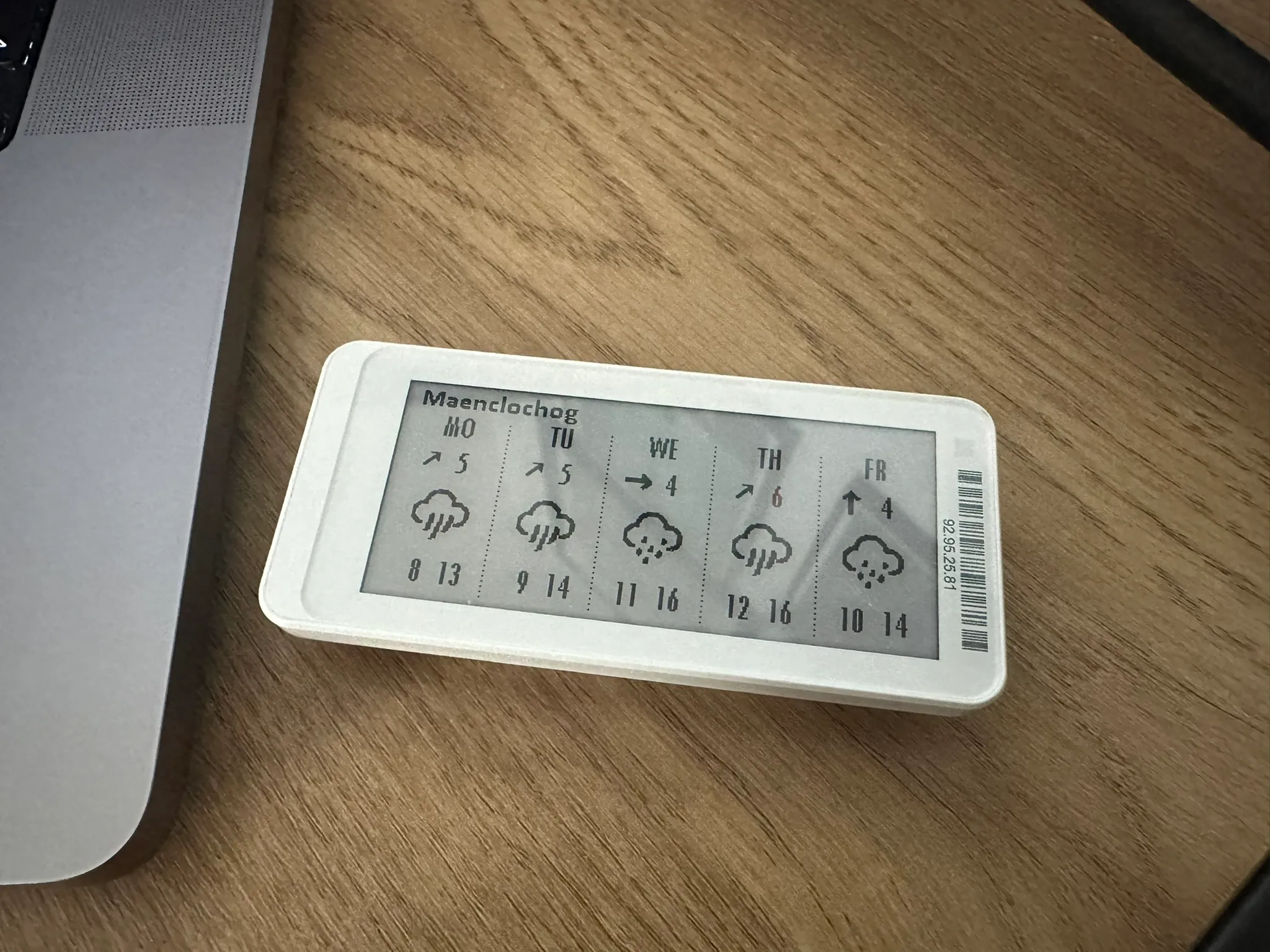 An Electronic Shelf Label displaying a five-day (rainy) weather forecast for Maenclochog.