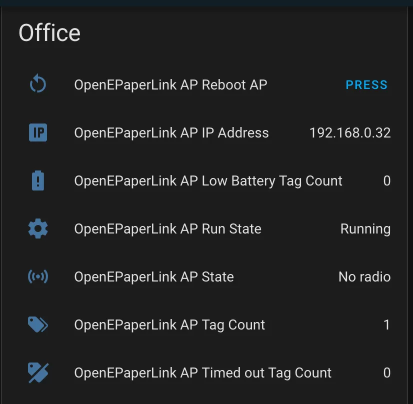 An entry on a dashboard showing the settings for OpenEPaperLink