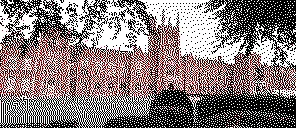 A low resolution black, white and red picture of Queens University Belfast as it would appear on a small shelf label.