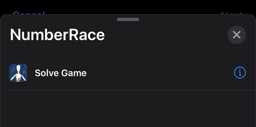 The NumberRace app in the Shortcuts app