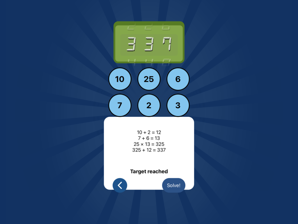 The solver in NumberRace, showing a completed solution