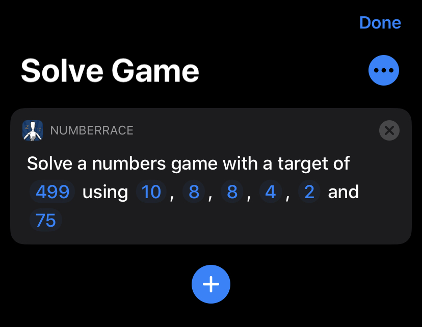 A screenshot of the Shortcuts app, displaying an example Solve Game shortcut
