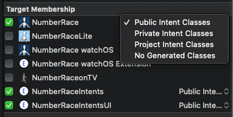 The Target Membership pane of Intents.intentdefinition, with Public Intent Classes selected for our three targets