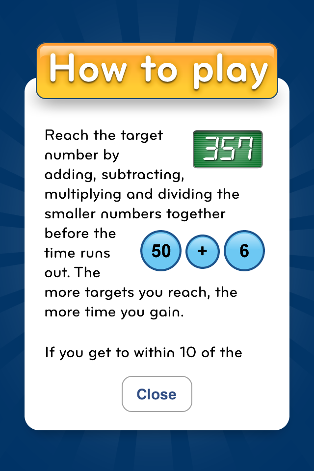 NumberRace instructions screen